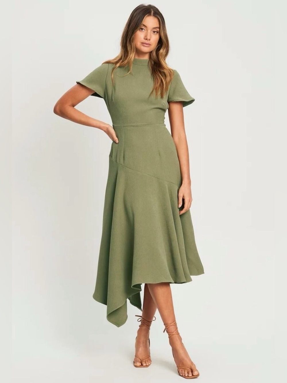 Tussah Zariah Midi Dress Small Olive Green Asymmetrical Hem Short Sleeve Elegant
